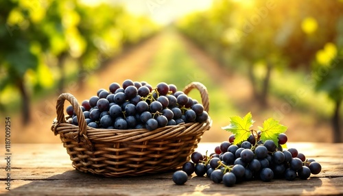 A rustic basket of fresh black grapes on a wooden table, highlighting organic farming.

 photo