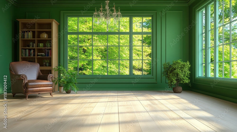 Obraz premium Serene Green Interior with Large Windows and Cozy Armchair Design