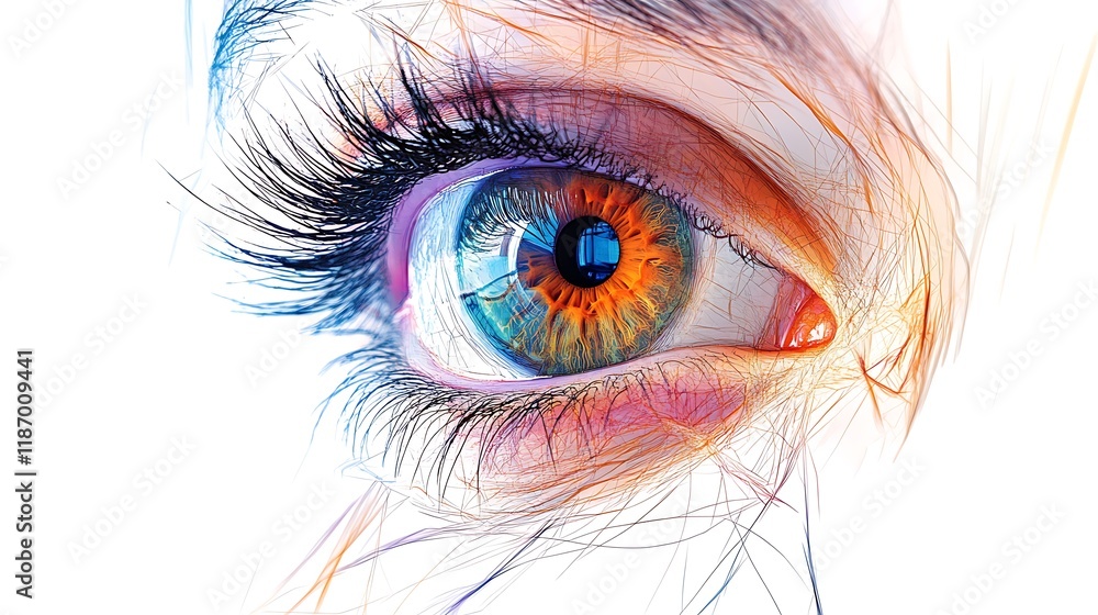 Fototapeta premium Artistic representation of human eye anatomy focusing on internal structures, white background