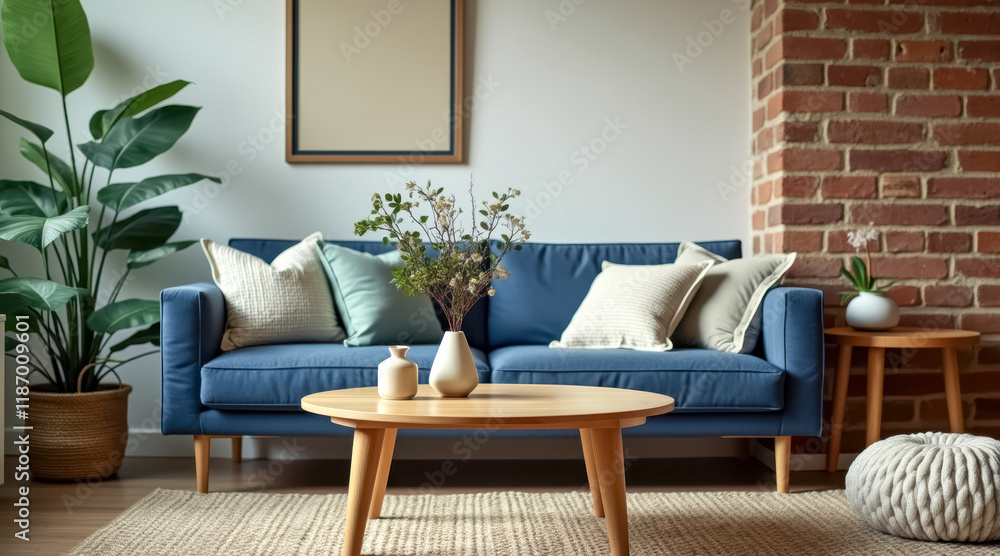 Naklejka premium modern living room interior with blue sofa wooden coffee table
