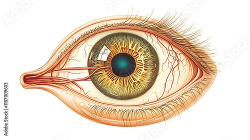 Anatomical illustration of eye anatomy showing iris, retina, and optic nerve on a white background photo