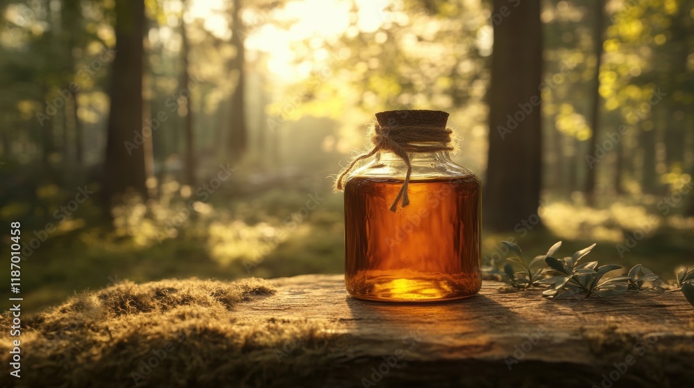 Glass Jar of Amber Liquid in Serene Forest Setting with Sunlight Glass Jar of Amber Liquid in Serene Forest Setting with Sunlight