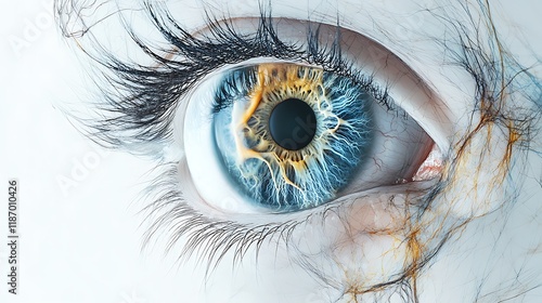 Anatomical rendering of the eye highlighting retina and optic nerve on white