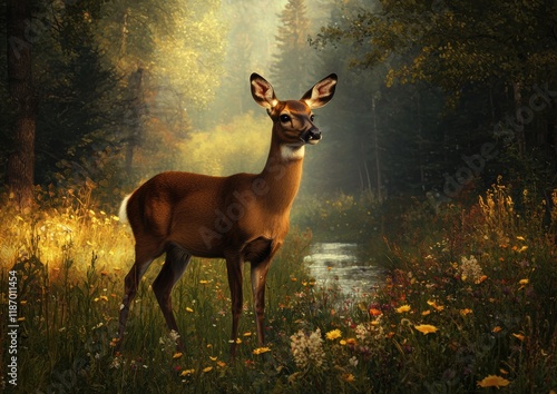 Majestic Deer in Serene Forest Surrounded by Colorful Wildflowers photo