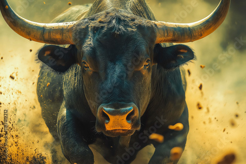 close-up of a large black bull charging in a bullfight photo