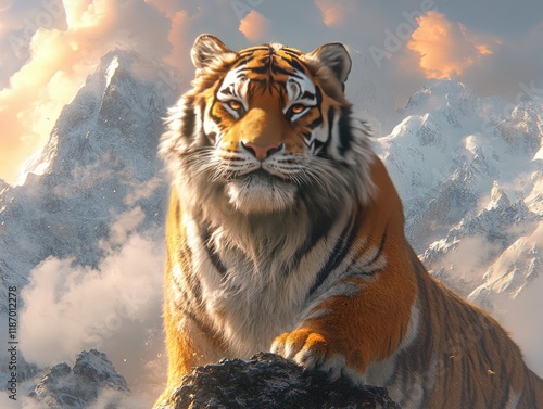 Majestic tiger perched on a snowy mountain peak, bathed in golden sunlight. Perfect for wildlife, nature, and power themed projects. photo