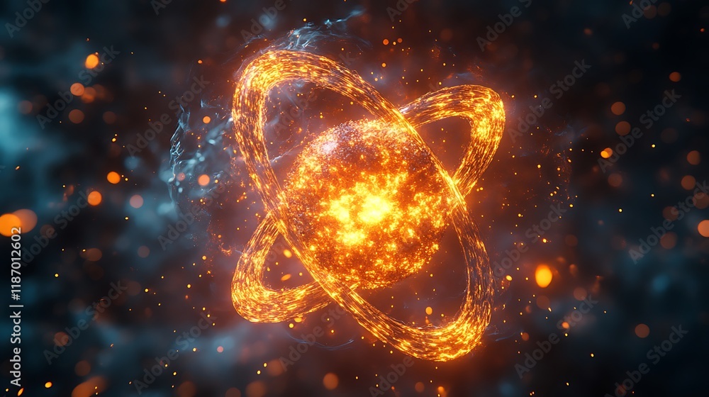 vibrant visualization of an atom, with a central core of fiery energy surrounded by swirling, luminous rings of energy vibrant visualization of an atom, with a central core of fiery energy surrounded by swirling, luminous rings of energy