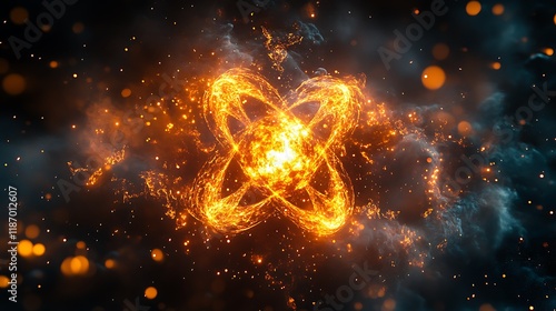 vibrant visualization of an atom, with a central core of fiery energy surrounded by swirling, luminous rings of energy