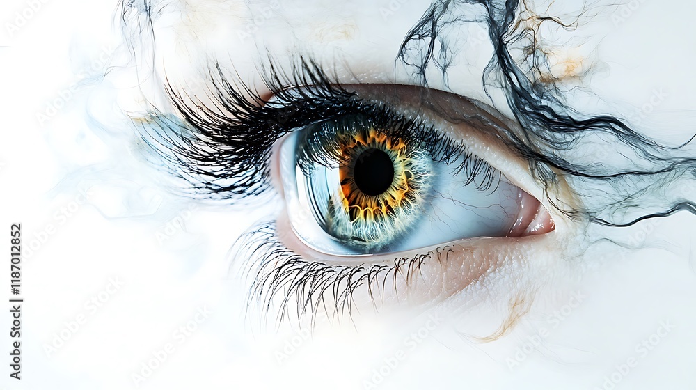 Artistic depiction of human eye anatomy with emphasis on optic nerve and cornea on white