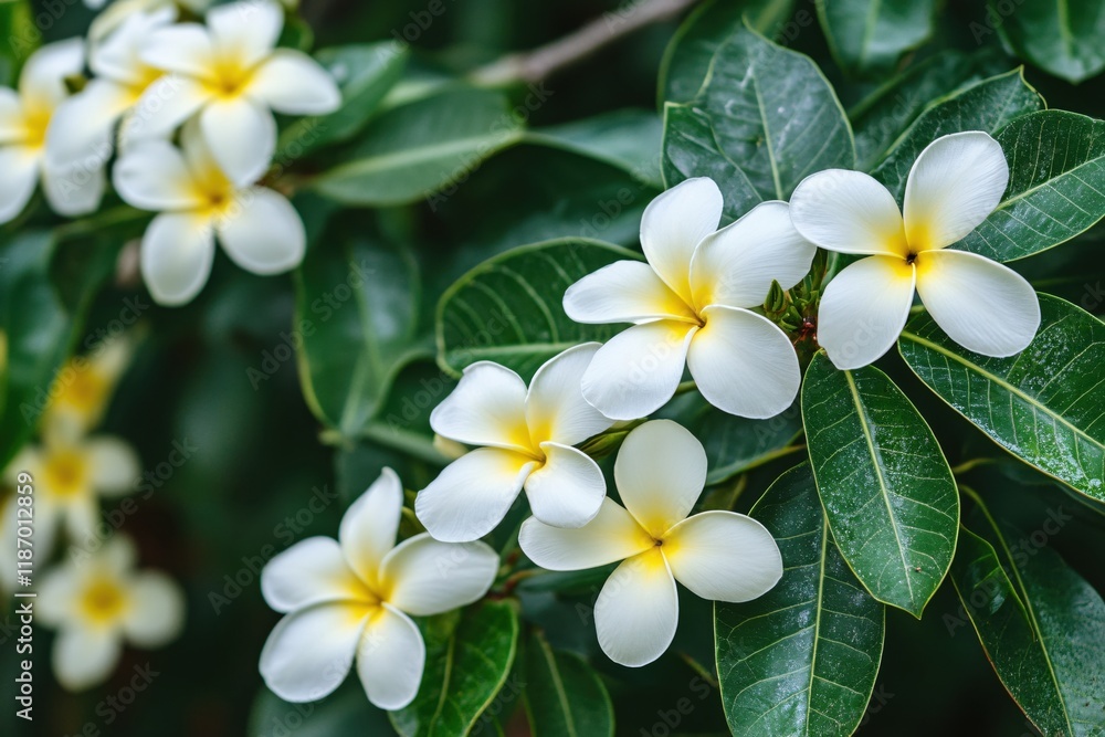 Serene White Plumeria Blossoms on Lush Green Foliage Serene White Plumeria Blossoms on Lush Green Foliage