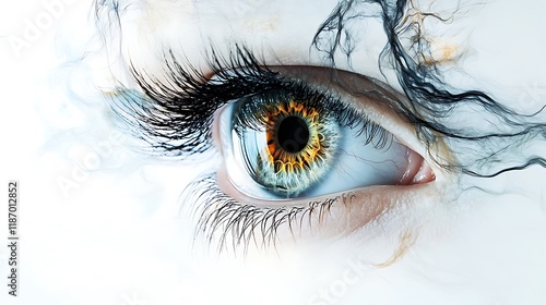 Artistic depiction of human eye anatomy with emphasis on optic nerve and cornea on white photo