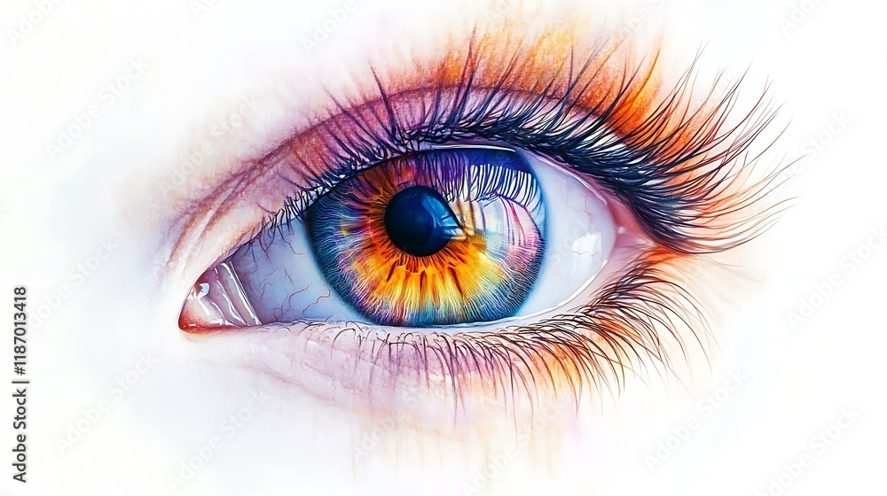Artistic anatomical rendering of the eye with detailed focus on cornea and lens on white Artistic anatomical rendering of the eye with detailed focus on cornea and lens on white
