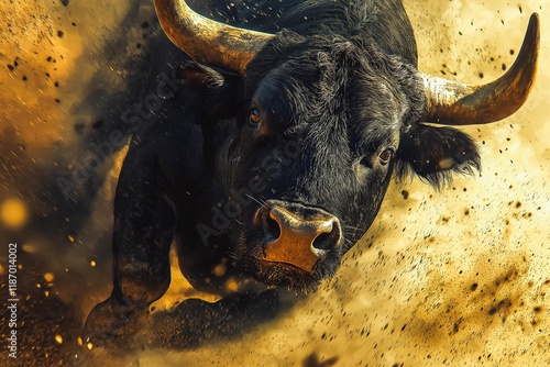 close-up of a large black bull charging in a bullfight photo