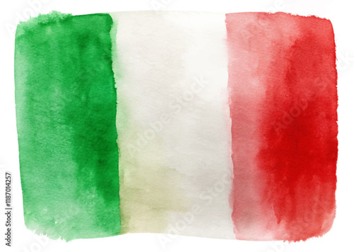 Italian flag watercolor design, vibrant green, white, red colors, artistic texture, patriotic symbol, abstract background.