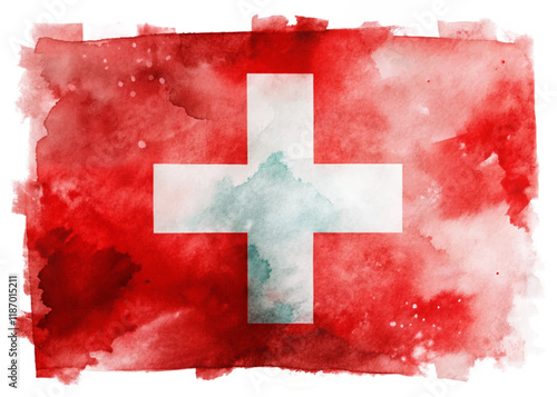 Swiss flag design, watercolor style, red and white colors, artistic representation, national symbol, vibrant background.