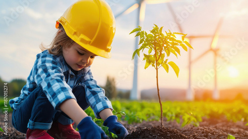 child planting tree in field with wind turbines, symbolizing environmental care and sustainability. scene captures hope and responsibility for future
