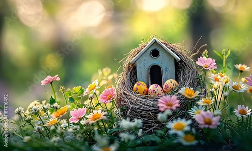 easter eggs in a basket and house toy 
