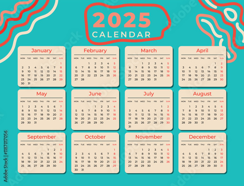 2025 Calendar with hand-drawn wavy lines and a turquoise background.