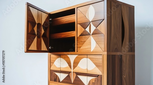 Midcentury modern geometric design cabinet with patterned woodwork drawers open photo