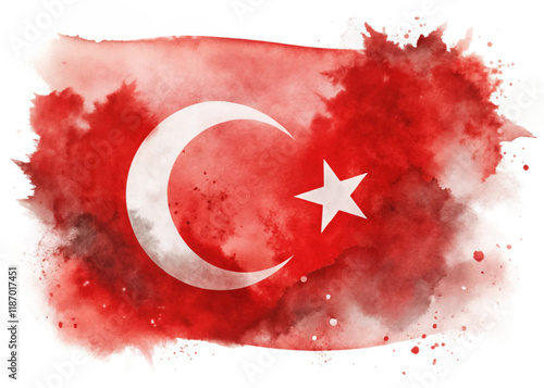 Turkish flag design, watercolor style, vibrant red hues, artistic background, patriotic theme, abstract illustration.