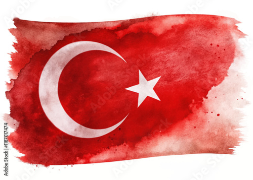 Turkish flag design, watercolor style, vibrant red background, crescent moon and star, artistic representation.