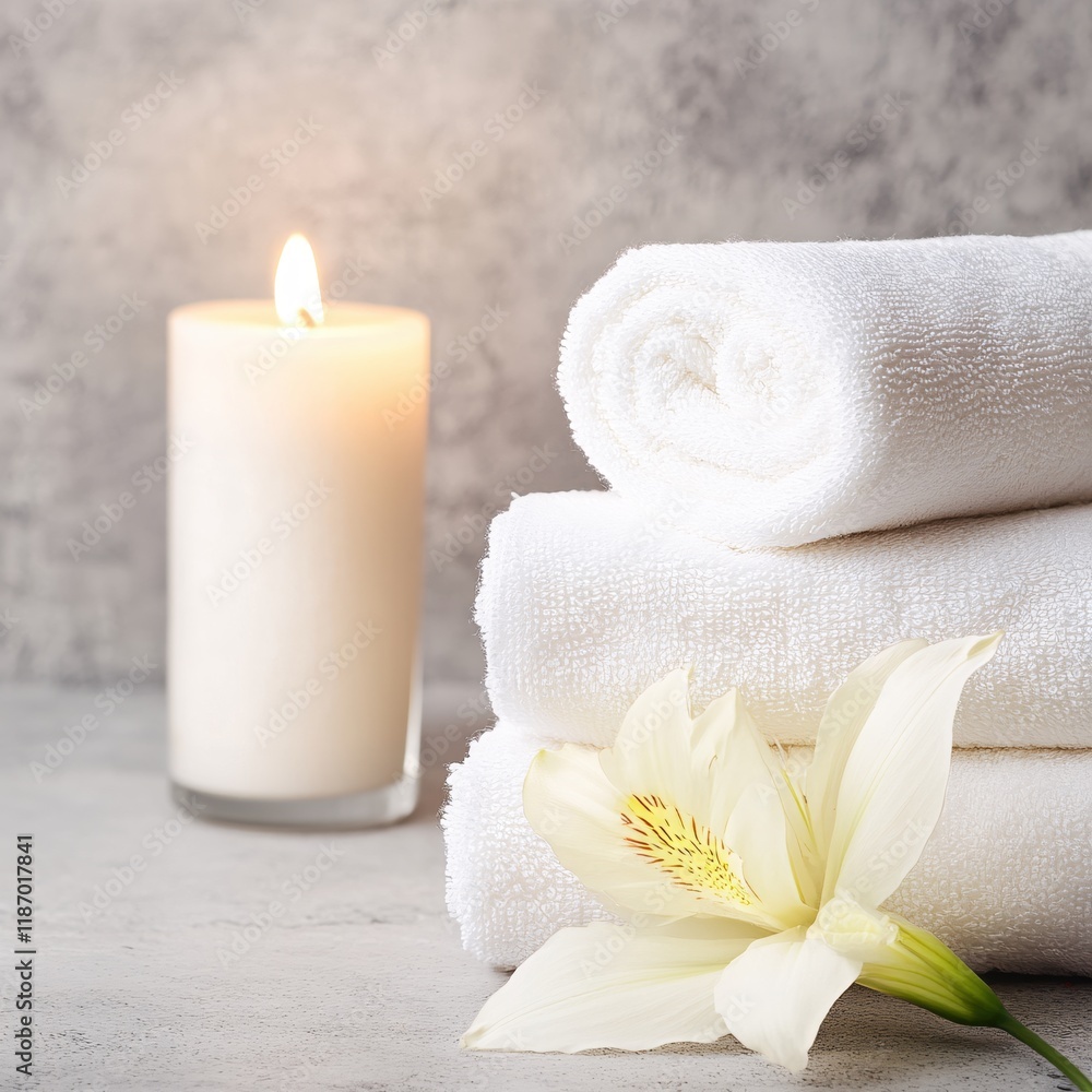 Serene Spa Setting with Soft Towels Candle and Flower Serene Spa Setting with Soft Towels Candle and Flower