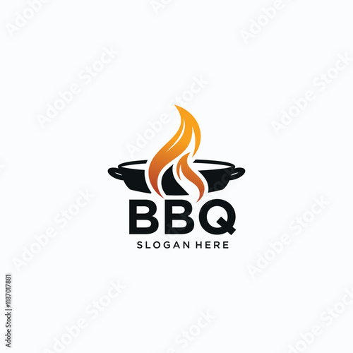 Barbecue logo design with burning fire, vector BBQ logo.