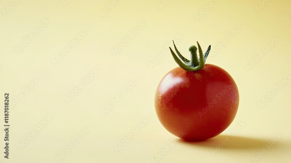 bright red tomato with small green stem placed on smooth pastel yellow background with soft shadows bright red tomato with small green stem placed on smooth pastel yellow background with soft shadows