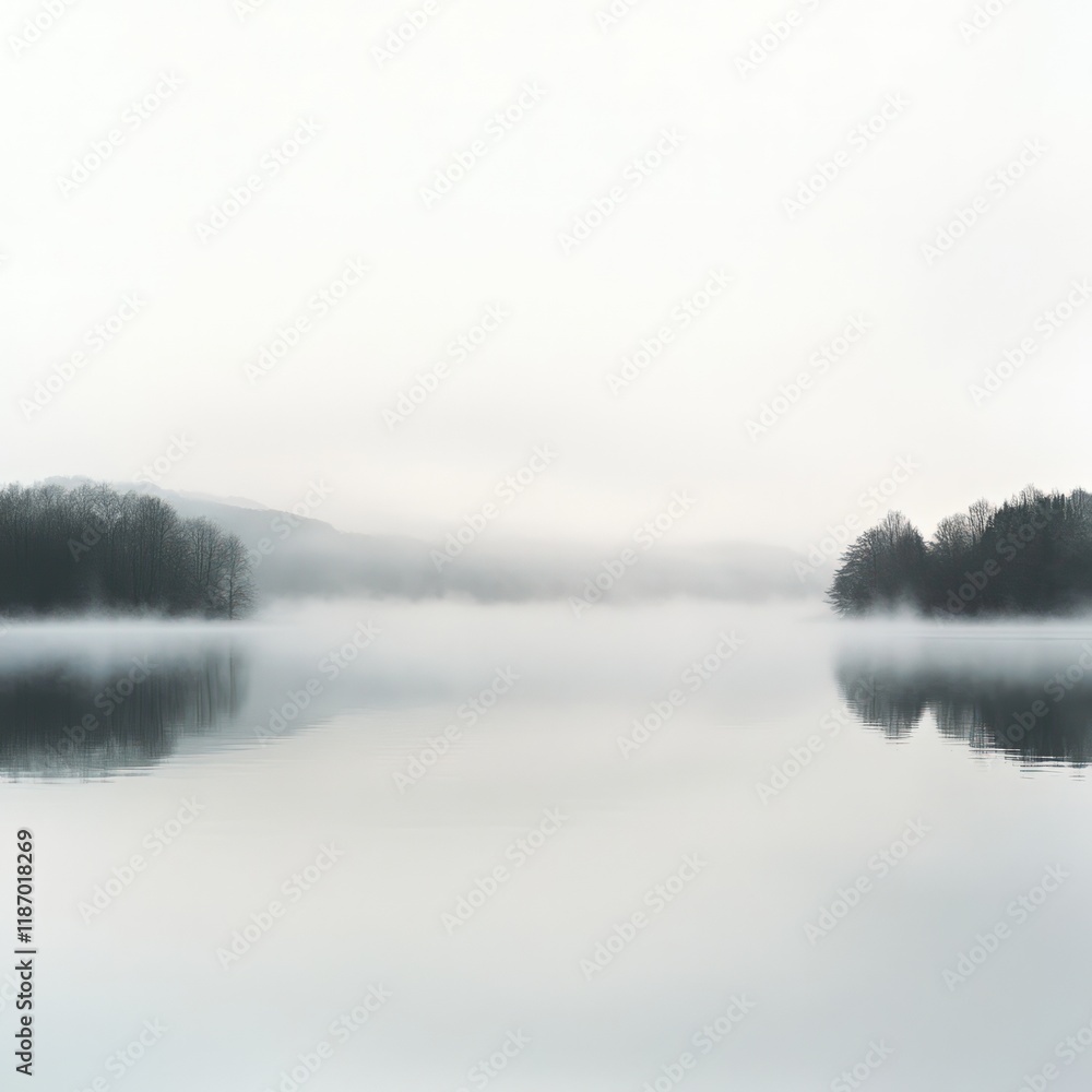 Fototapeta premium A dense mist hovering over a still lake at dawn, soft light reflecting on the water, on pure white background.