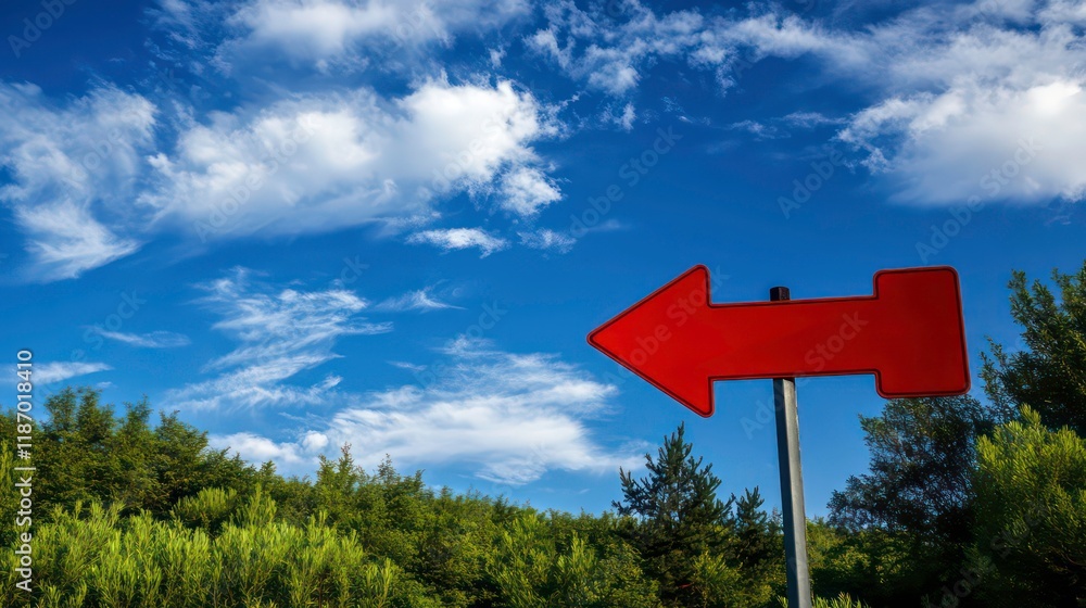 Red arrow sign against blue sky with clouds and green trees Red arrow sign against blue sky with clouds and green trees