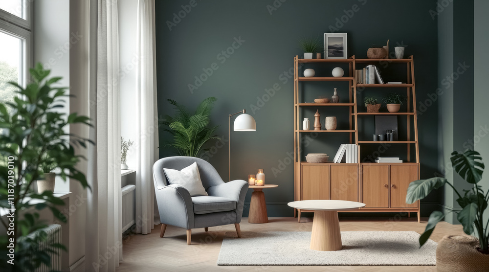 Fototapeta premium tranquil living room with grey armchair wooden shelving