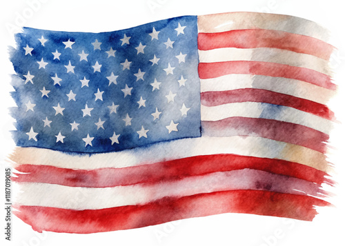 Watercolor American flag, patriotic colors, artistic representation, soft brush strokes, vibrant red and blue.