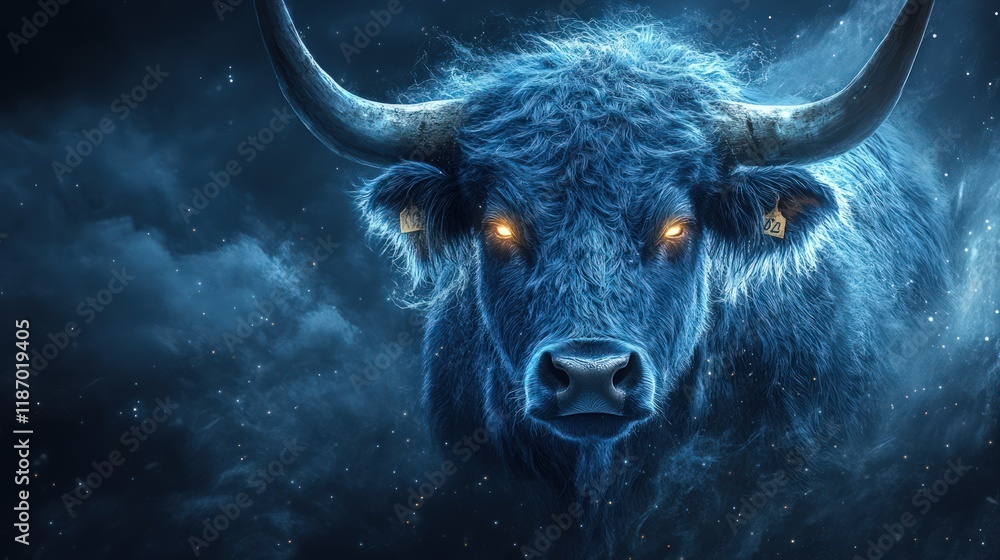 Fierce blue bull with glowing eyes in a dark, stormy sky. Fierce blue bull with glowing eyes in a dark, stormy sky.