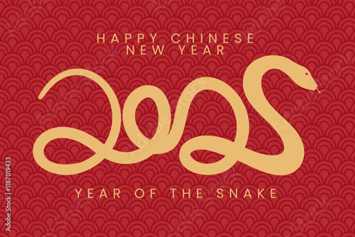 Happy chinese new year 2025 year of the Snake. Snake shape of 2025 illustration red and gold color. With Chinese pattern style background template for card, poster, banner or print