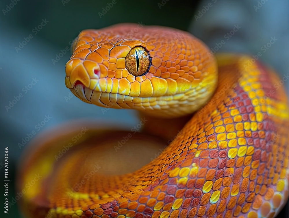 Fototapeta premium Orange snake portrait, rainforest background, wildlife photography, nature stock image.