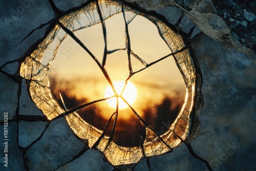 creative flat lay of cracked mirror reflecting hopeful sunrise symbolizing renewal after hardship