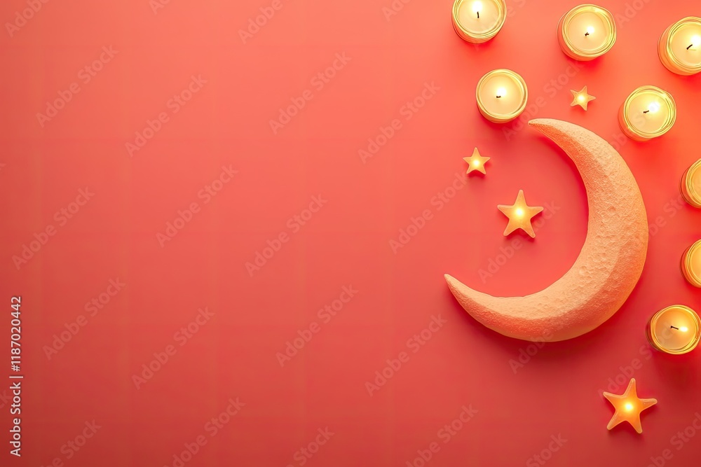 crescent moon and star decoration surrounded by glowing tea lights placed on smooth coral background crescent moon and star decoration surrounded by glowing tea lights placed on smooth coral background