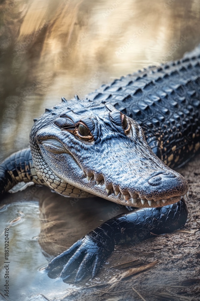 Obraz premium crocodile resting on riverbank with its rough scales catching light and water softly blurred behind