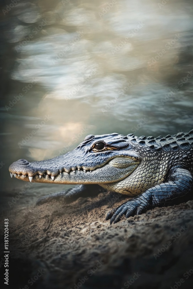 Fototapeta premium crocodile resting on riverbank with its rough scales catching light and water softly blurred behind