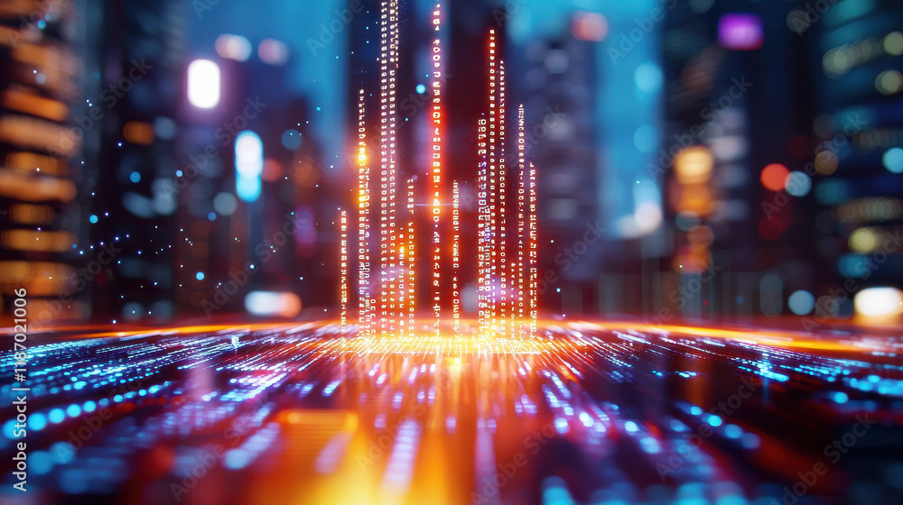 Fototapeta premium vibrant digital landscape showcasing glowing data streams and city lights, representing technology and innovation in urban environments