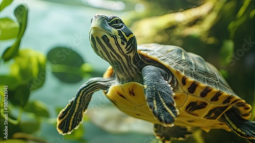 Turtle swimming underwater, aquatic plants background, zoo habitat, wildlife photography, nature stock image. photo