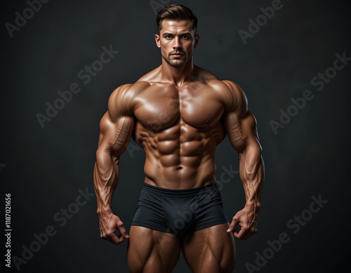 A Stunning Portrait of a Muscular Man:  A Fitness Model Showcases His Physique Against a Dark Background, Highlighting His Defined Muscles, Strength, and Athleticism.