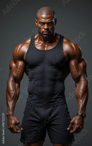 A Powerful Portrait: A Muscular Black Man in Athletic Attire, Studio Photography with Dramatic Lighting and Intense Gaze