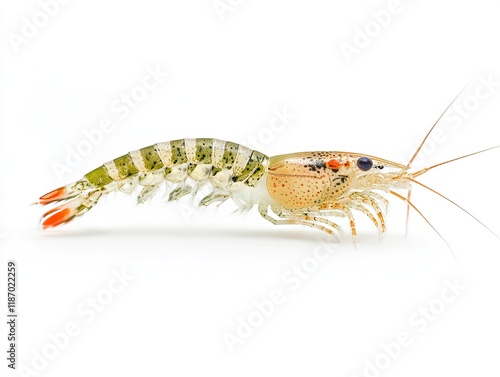 Striped freshwater shrimp on white background, aquatic life. photo