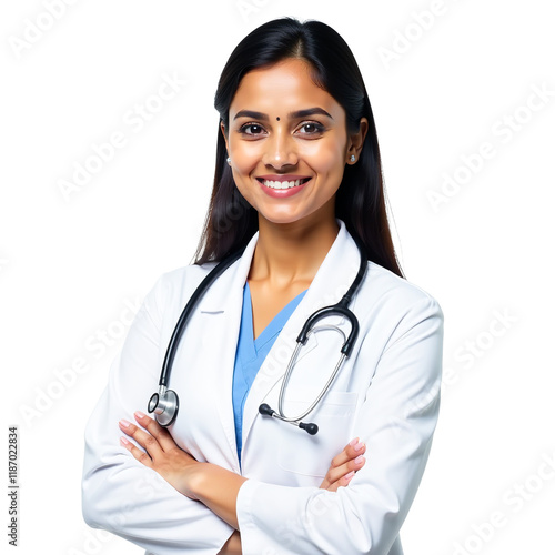 Smiling Indian female doctor with stethoscope, professional medical portrait, healthcare worker in white coat, confident woman physician, clinical setting, compassionate medical professional photo