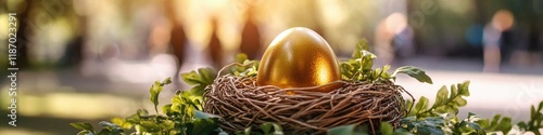 golden egg placed in decorative nest surrounded by fresh greenery photo