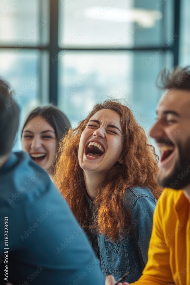 group of colleagues in training room laughing and brainstorming on large board with focus on activity group of colleagues in training room laughing and brainstorming on large board with focus on activity
