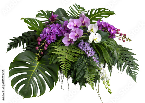 Tropical vibes plant bush floral arrangement with tropical leaves Monstera and fern and Vanda orchids tropical flower decor on tree branch liana vine plant isolated on white background