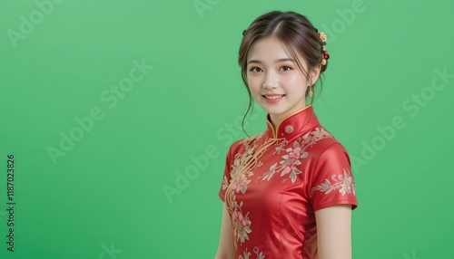 Portrait of a Young Woman in a Traditional Red Chinese Qipao Dress Against a Green Background: A Stunning Image of Elegance and Cultural Heritage
