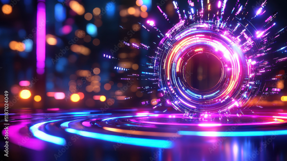 vibrant digital visualization of economic transformation featuring glowing circular pattern with colorful light trails. scene evokes sense of innovation and progress vibrant digital visualization of economic transformation featuring glowing circular pattern with colorful light trails. scene evokes sense of innovation and progress